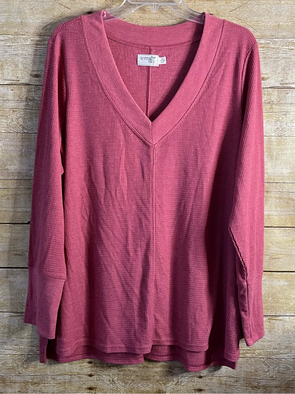 Terra & Sky Pink Dusty Rose V-Neck Waffle Knit Top Size 1X 16W-18W EUC